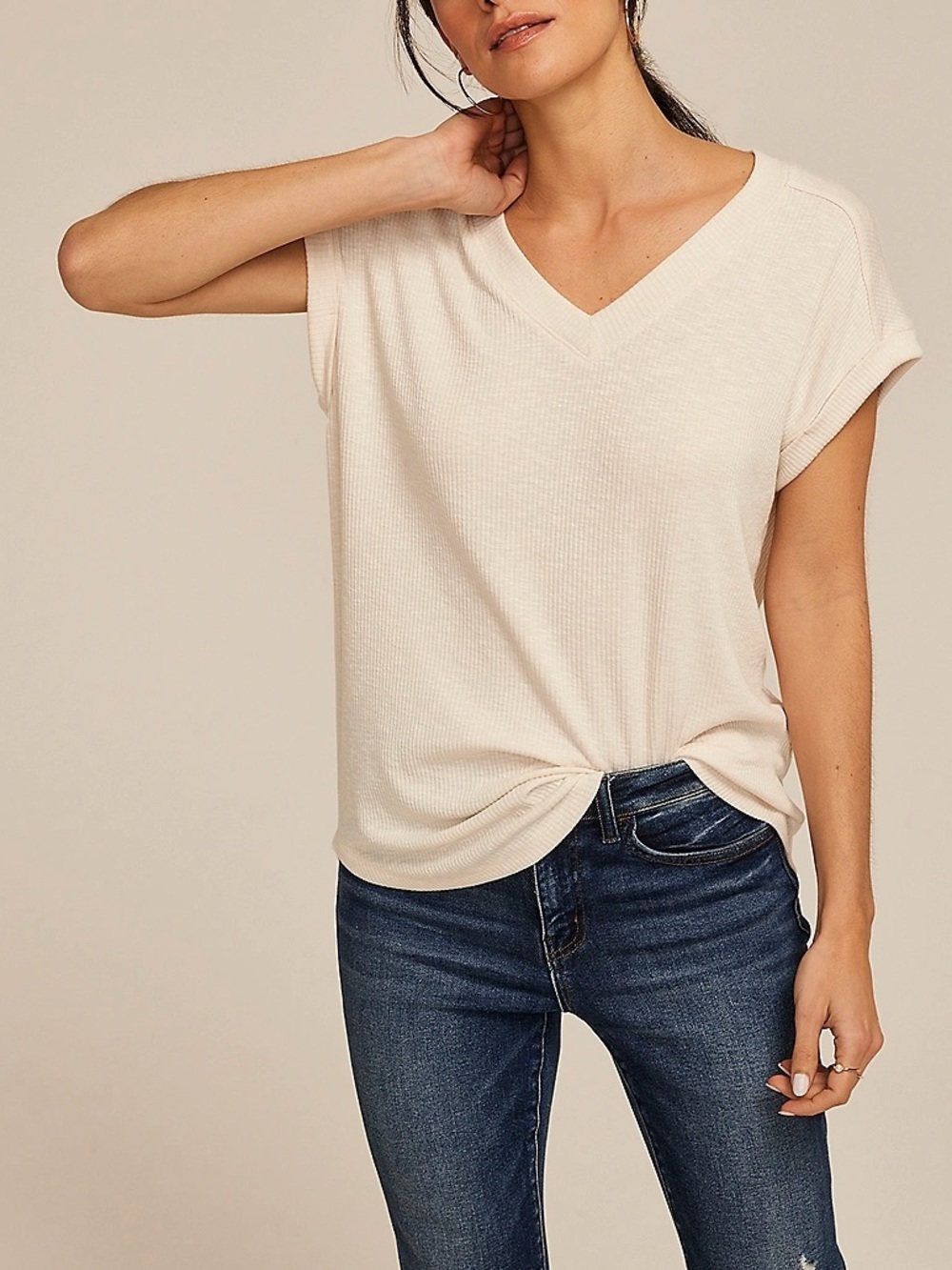 Maurices 24/7 Berkley V-neck Tee Solid Cream Ribbed Relaxed Fit Xlarge Women’s
